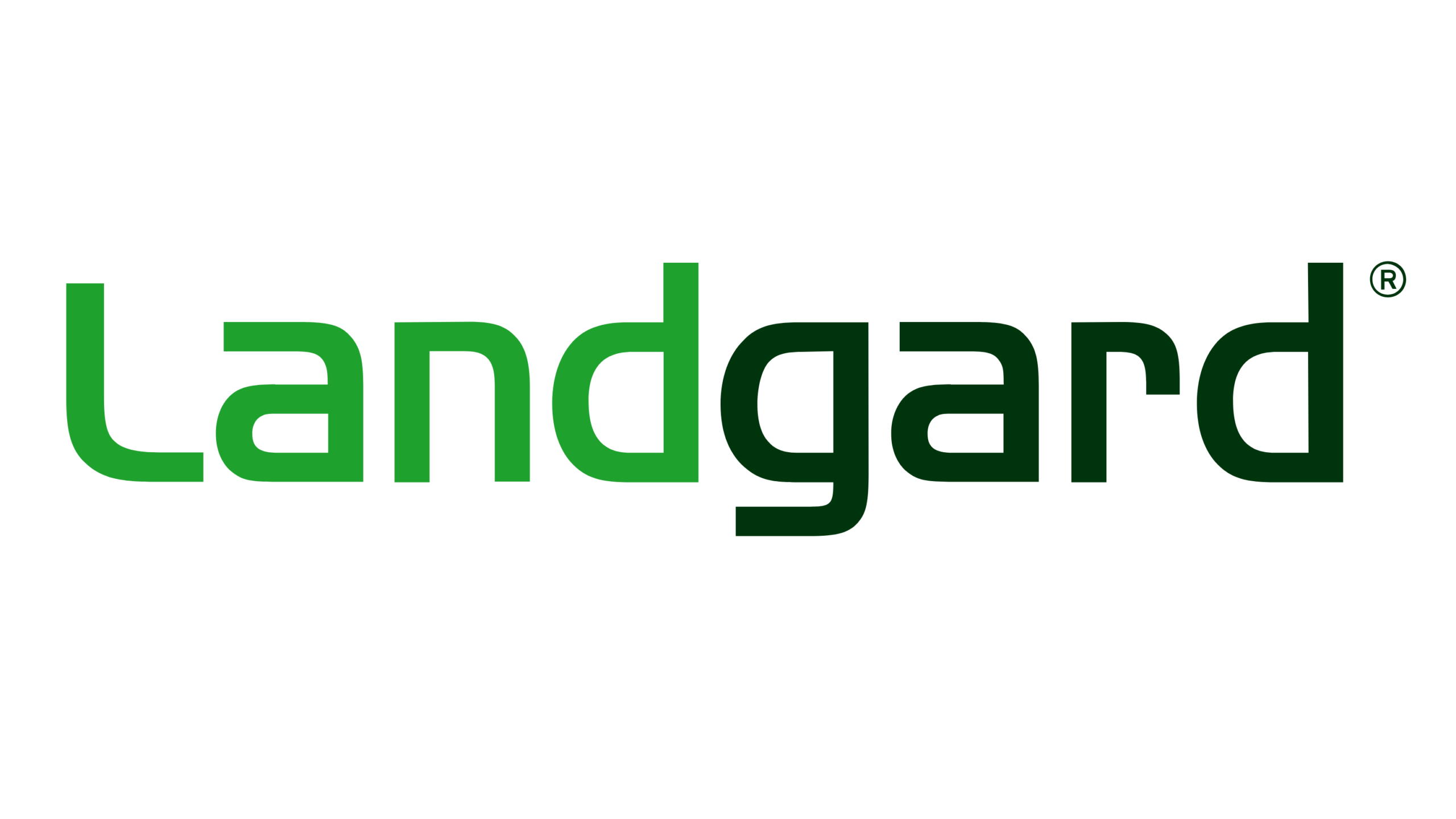 Landgard Logo-Schriftzug in Grün auf schwarzem Hintergrund, kräftige Typografie, modernes Branding-Design, markantes Gründesign mit klaren Konturen