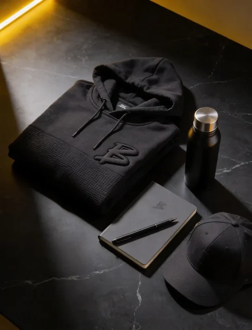 Schwarzer Kapuzenpullover mit gesticktem Logo, eine schwarze Wasserflasche, ein Notizbuch und eine schwarze Kappe auf einem Tisch.